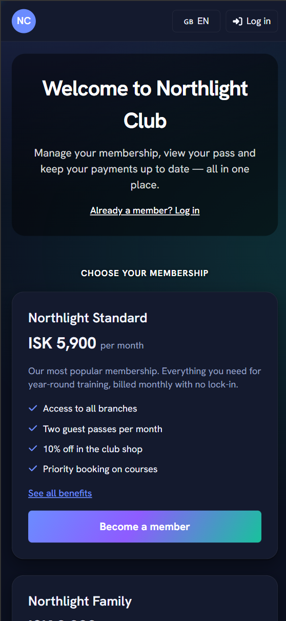 Mobile member portal welcome screen with club branding