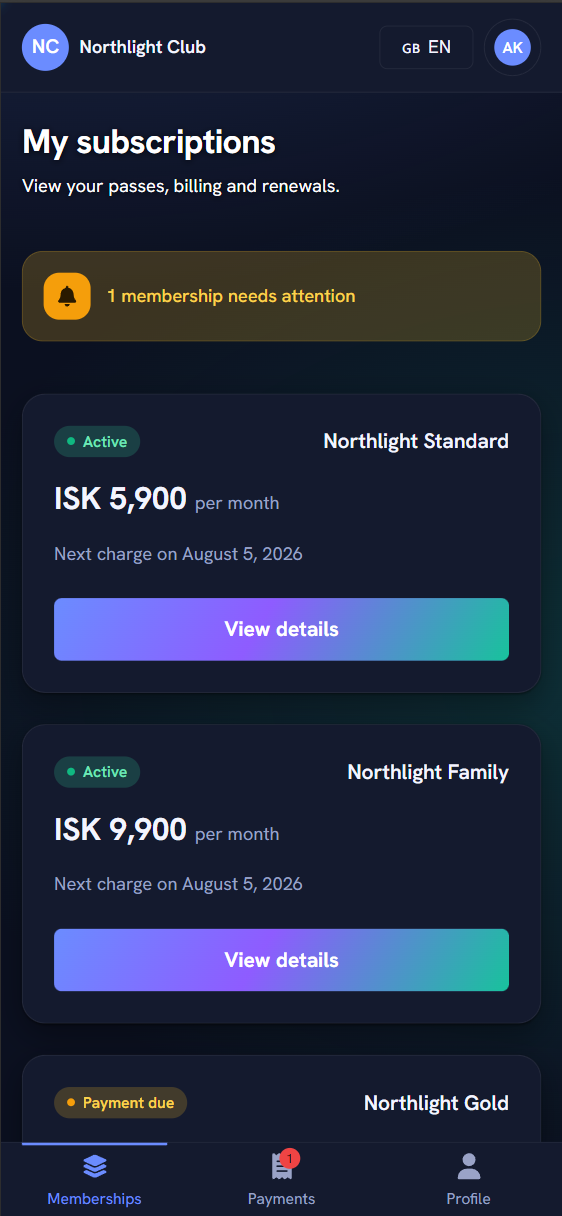 Mobile membership overview with active plans and renewal dates